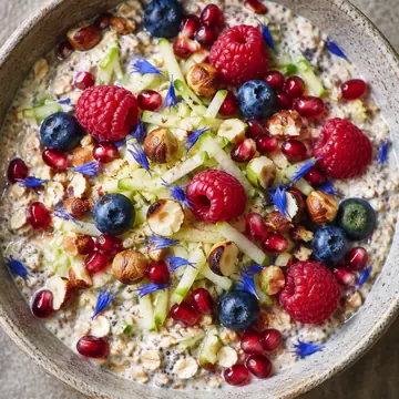 Creamy bircher muesli with grated apple, raspberries, blueberries, hazelnuts and cornflower petals