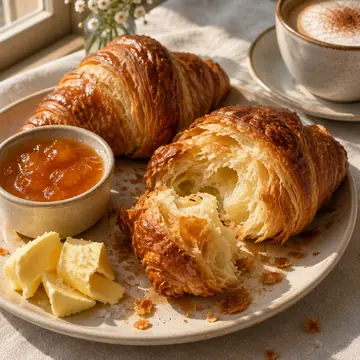 Two flaky butter croissants torn open with apricot jam, butter and a cappuccino