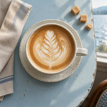 A flat white with a rosetta in a speckled cup on a pale blue table by the lake