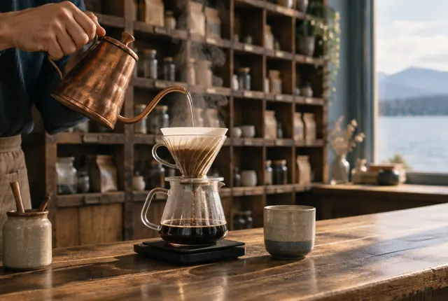 A barista pours hot water from a copper kettle into a glass pour-over dripper, in front of old wooden post-office shelves
