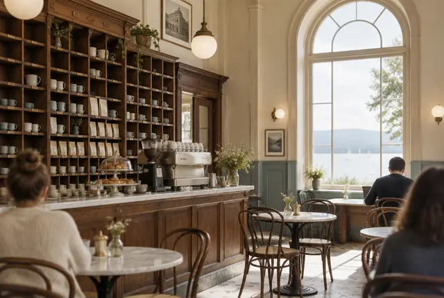 Inside Poste: wooden pigeonhole shelves, a marble counter and an arched window onto the lake